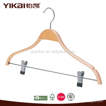 Laminated wooden shirt hanger with notches and metal clips for trousers hanger